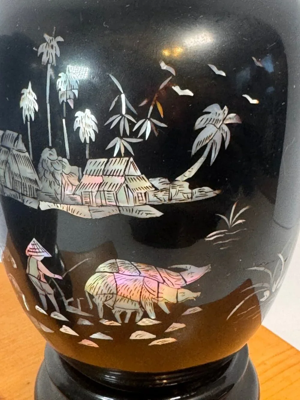 Vintage black lacquer vase/vessel with traditional East Asian-style inlay